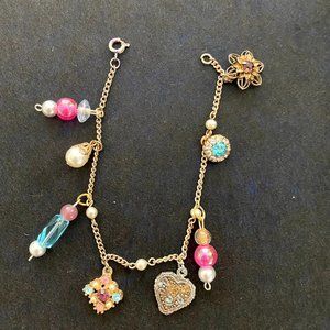 Vintage Bracelet with 8 Filigree/Rhinestone Charms